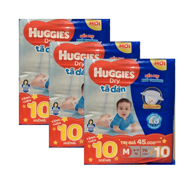 Combo 03 tã dán Huggies size M76, M76+6tq bọc kén con tằm(cho trẻ 6-11kg)