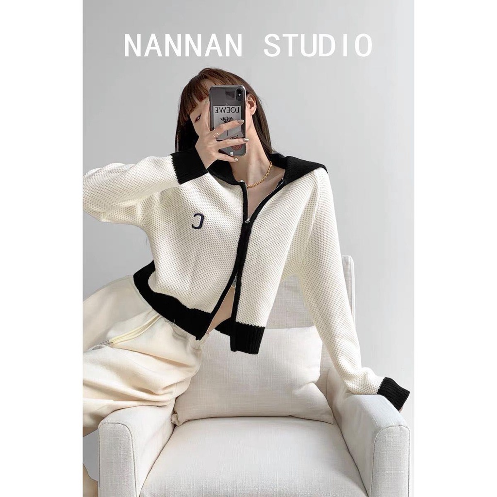 Áo Khoác Cardigan Dệt Kim Màu Sắc Tương Phản Phong Cách Retro Cho Nữ