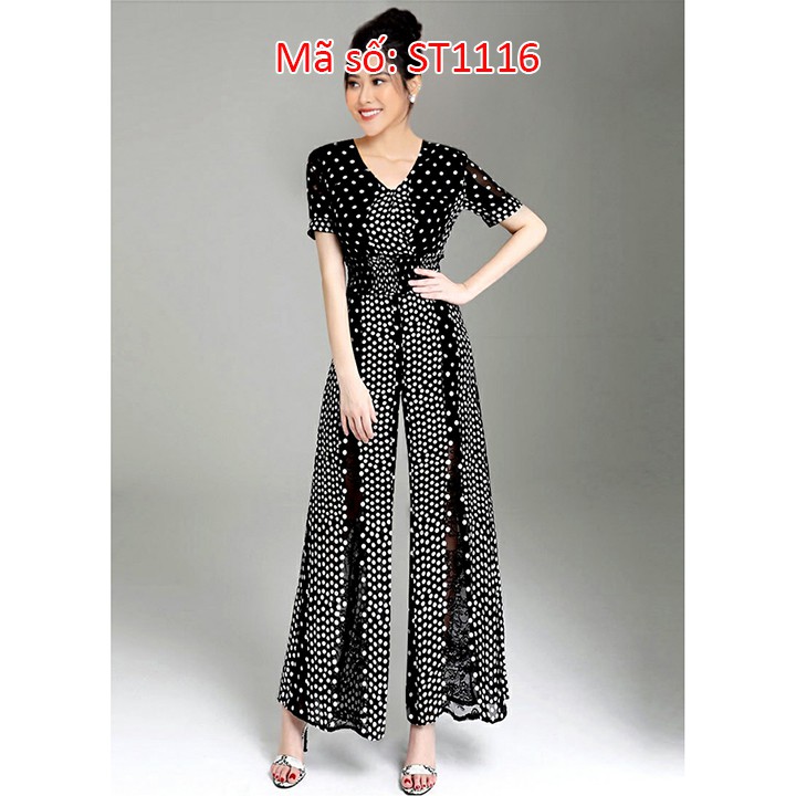 S ➡️#ST1116 Jumpsuit đồ bay dài ống suông cổ tim chấm bi xếp ly bụng xinh xắn FREE