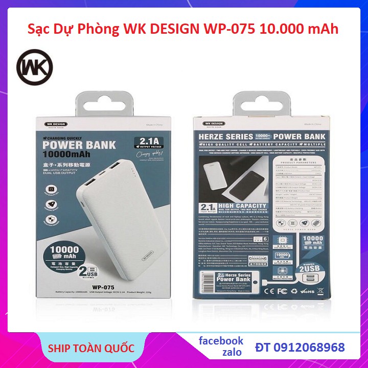 Pin Sạc Dự Phòng Chính Hãng WK Design 10000mAh  Model WP-075 siêu bền