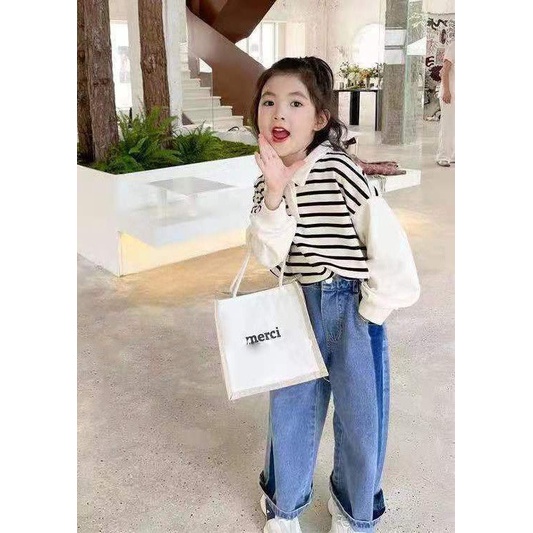 Áo Sweater công chúa phối họa tiết kẻ sọc phong cách Hàn Quốc thời trang thu đông cho bé gái