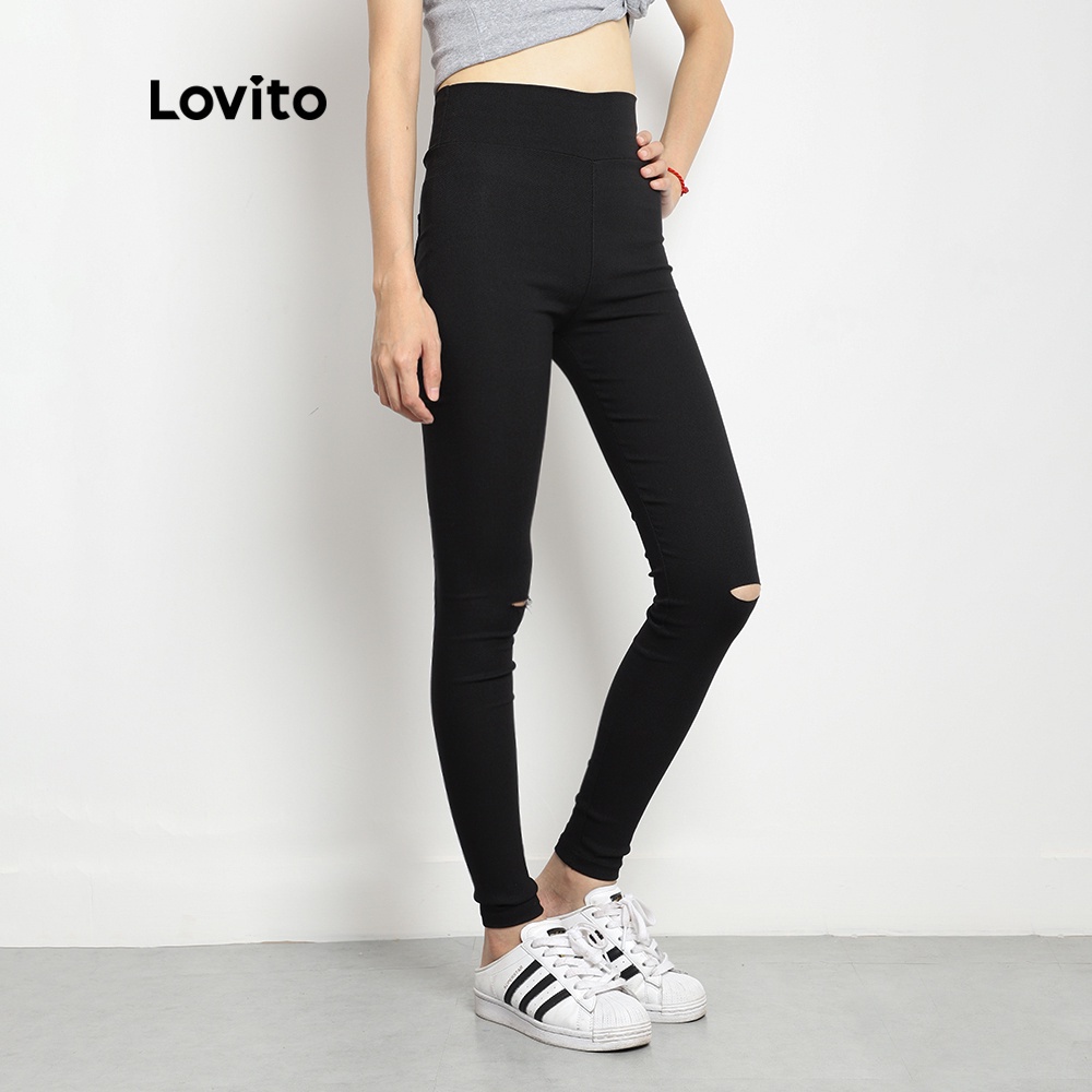 Quần Lovito phối rách có túi màu trơn thời trang đơn giản thường ngày L08155 (Màu đen)