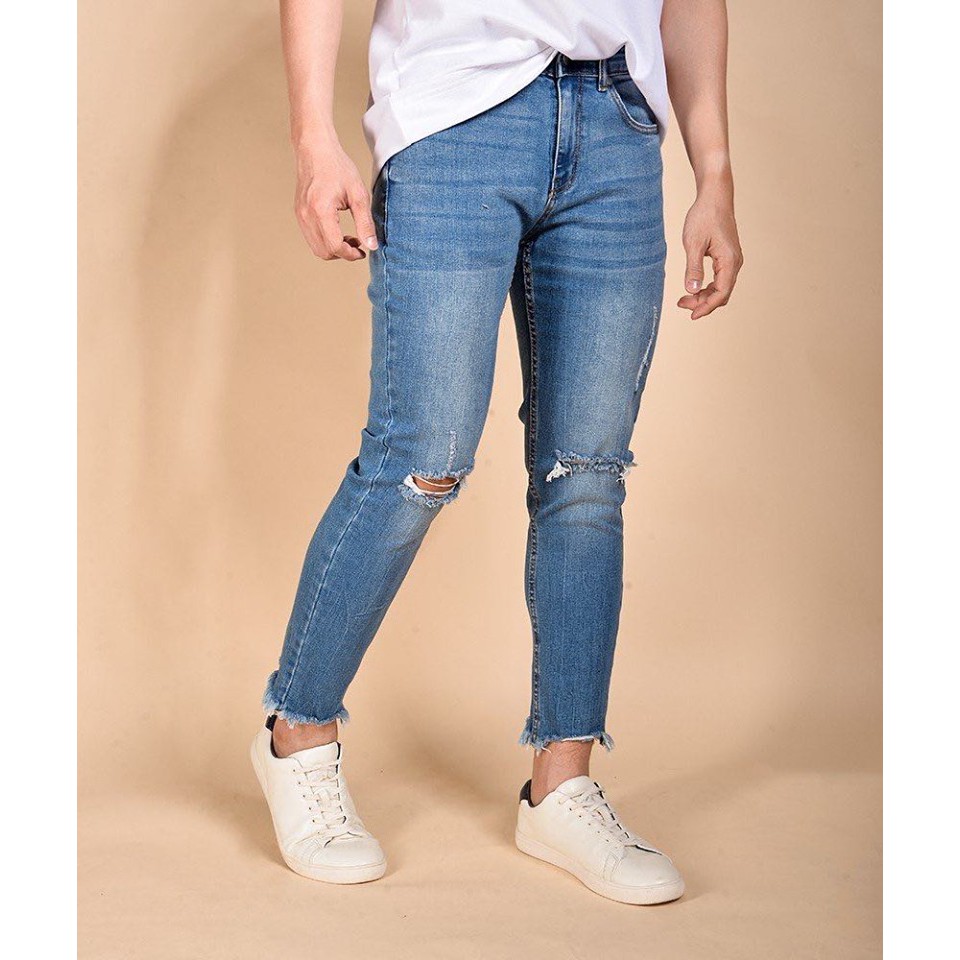 Quần jean ROUTINE 10S20DPA034 - Quần jean nam màu xanh cắt lai form lửng