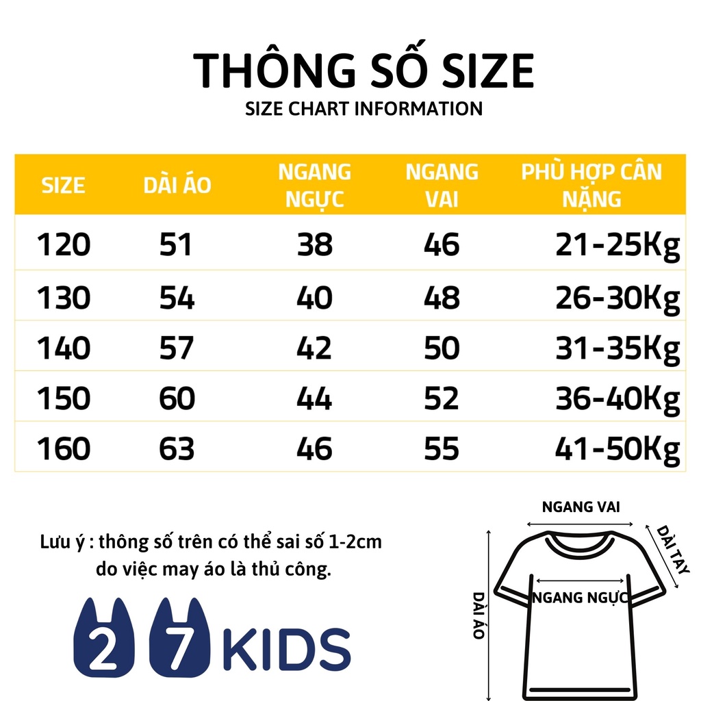 Áo thun bé trai ngắn tay size đại 27Kids AKL Aowkulae áo cộc nam 100% Cotton cho trẻ từ 4-14 tuổi BSTS12