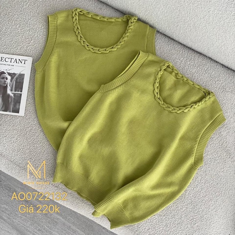 Áo len dệt kim sát nách cổ viền bính minie màu xanh bơ hottrend cute thời thượng