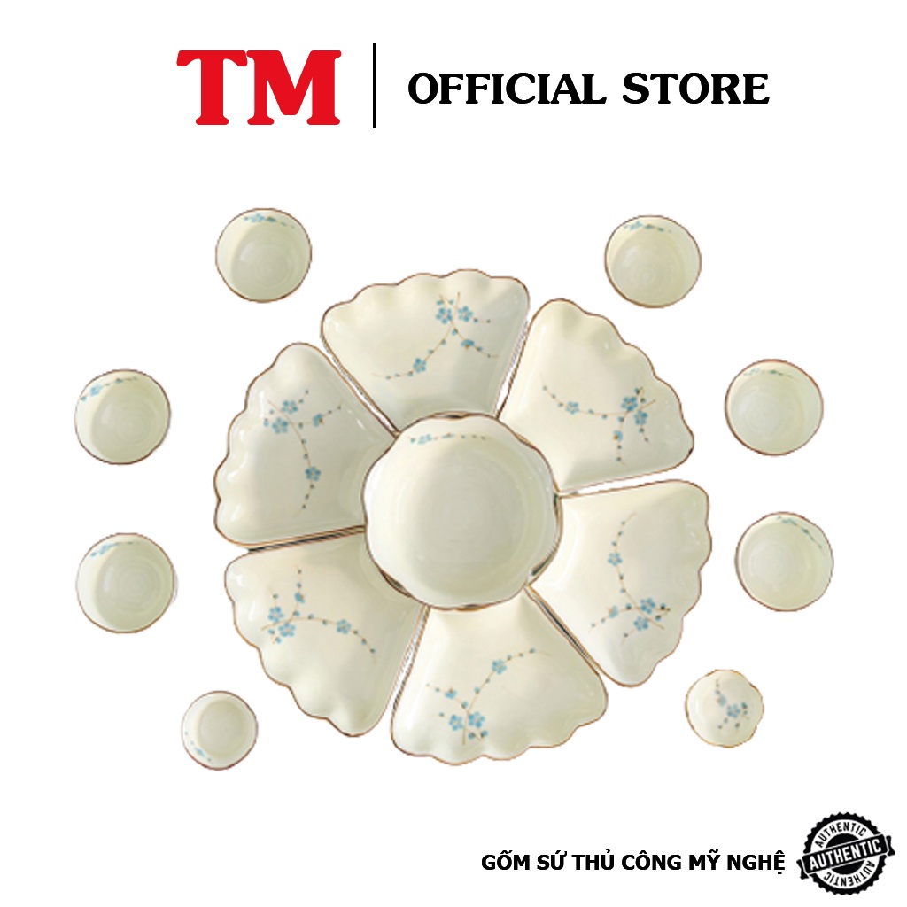 Bộ đồ ăn hoa mặt trời men kem hoa đào xanh Xưởng Gốm TM Bát Tràng -Cúng rằm/lễ/tết/chay/mặn/bày cỗ/tiếp khách