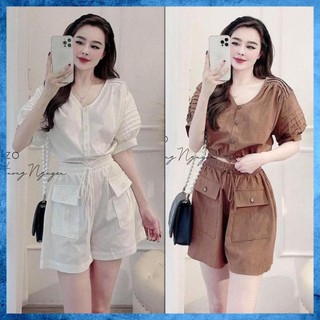[Cao Cấp] Set áo CropTop cổ tim tay phồng Chất Đũi Mềm Min Mát, Quần short Nữ Cạp Chun Túi Hộp