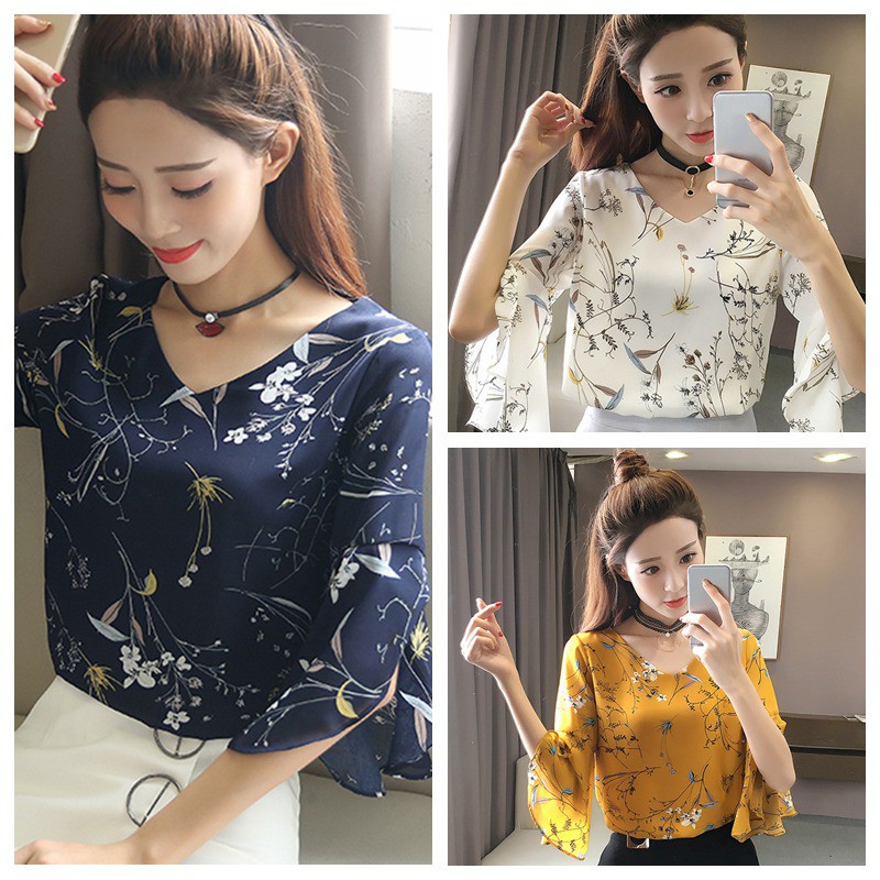 [Baywellfashion]Áo họa tiết hoa cổ V tay loa chất liệu chiffon thanh lịch cho nữ