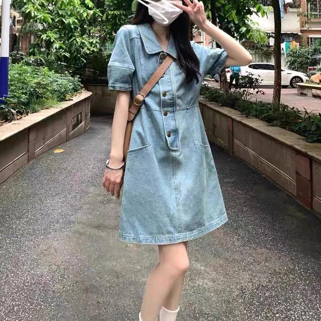 Đầm Denim Xanh Dương Eo Cao Dáng Ôm Cài Nút Thời Trang Mùa Hè Phong Cách Mới Cho Nữ