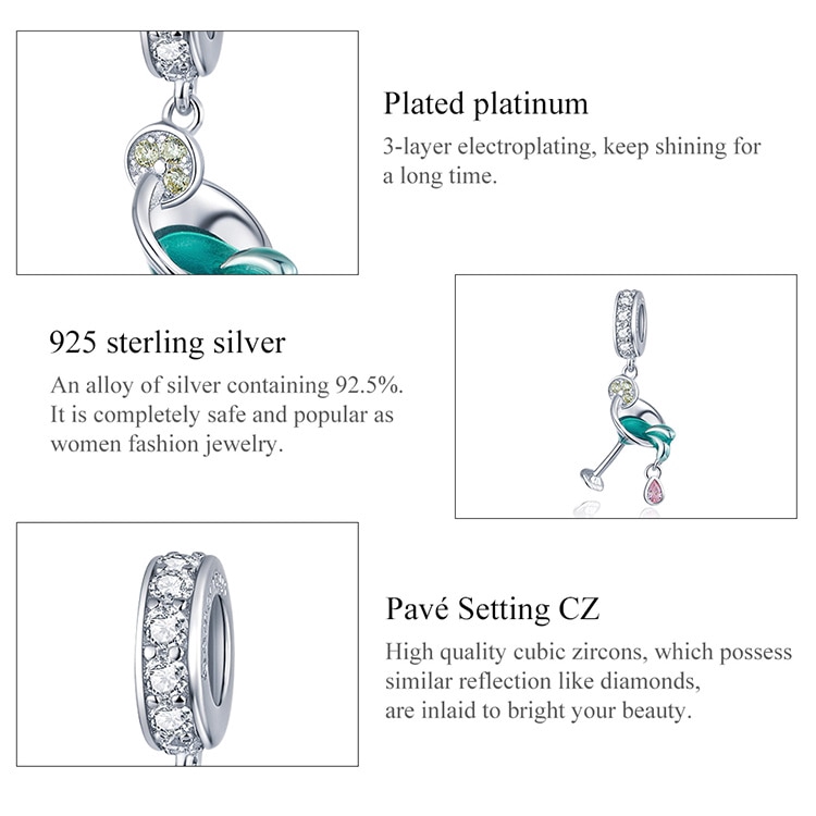 Phụ Kiện Hạt Trang Sức Bamoer BSC262 Bằng Bạc 925 Hình Ly Cocktail Độc Đáo Cho Vòng Tay/Dây Chuyền DIY