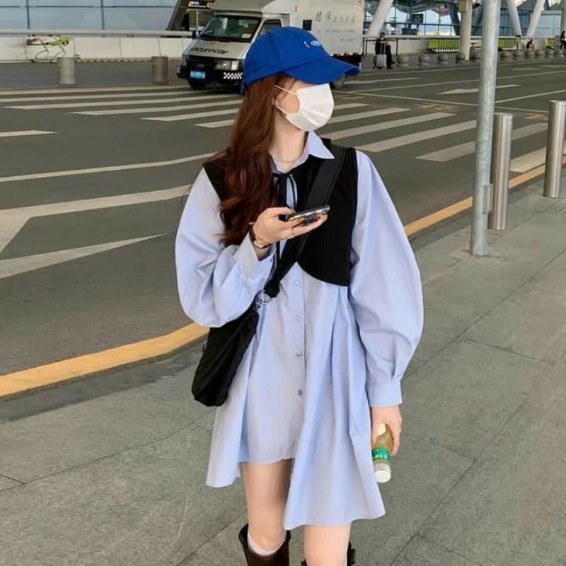 Set đầm sơmi lệch tà phong cách Ullzang