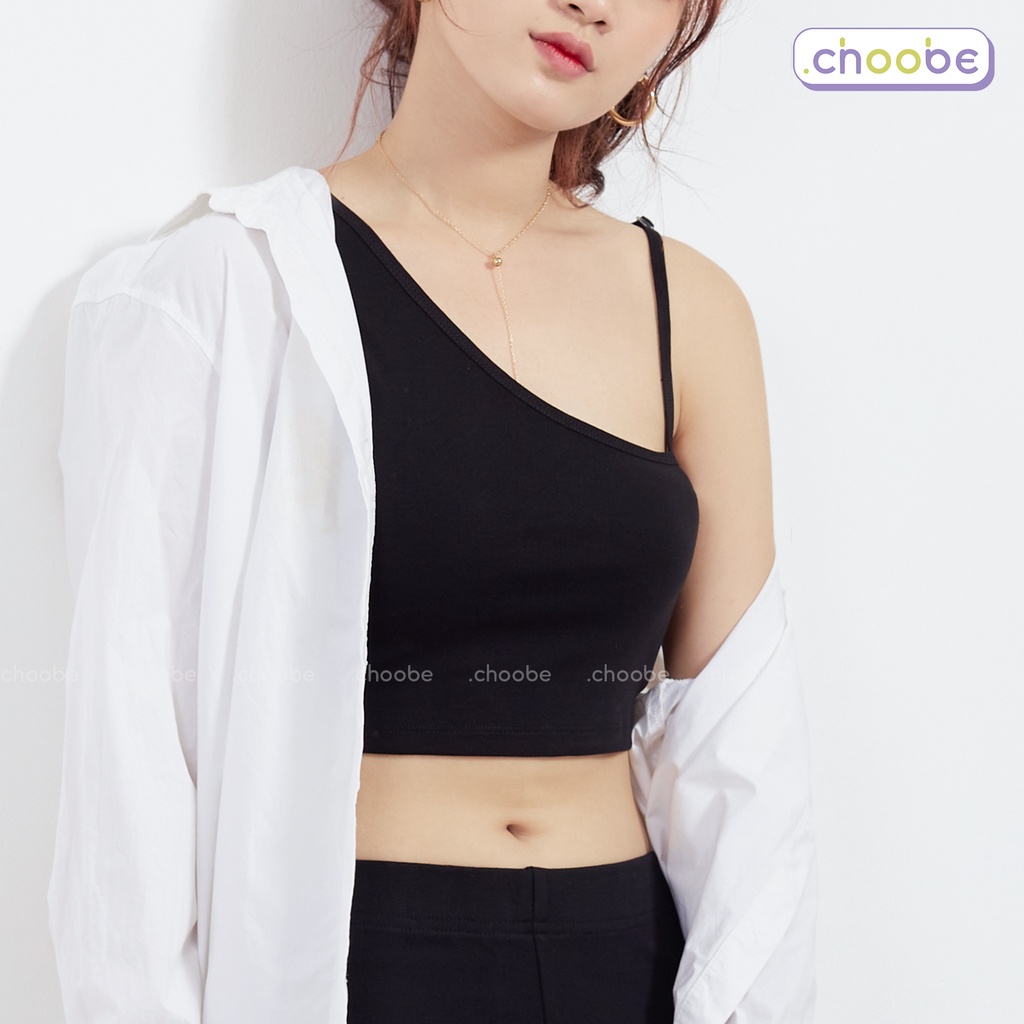 Áo croptop Choobe nữ lệch vai phối dây cá tính dáng ôm body chất vải co giãn tốt A65