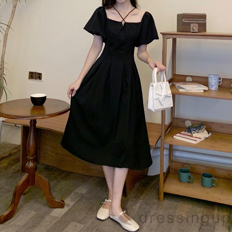 Đầm Midi Ngắn Tay Trễ Vai Lưng Cao Thời Trang Mùa Hè Cho Nữ