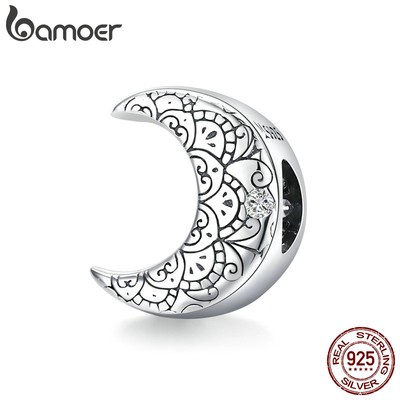 Hạt Charm Bamoer SCC1604 Bằng Bạc 925 Thật Họa Tiết Mặt Trăng Đính Đá CZ Làm Trang Sức Vòng Tay DIY Cho Nữ