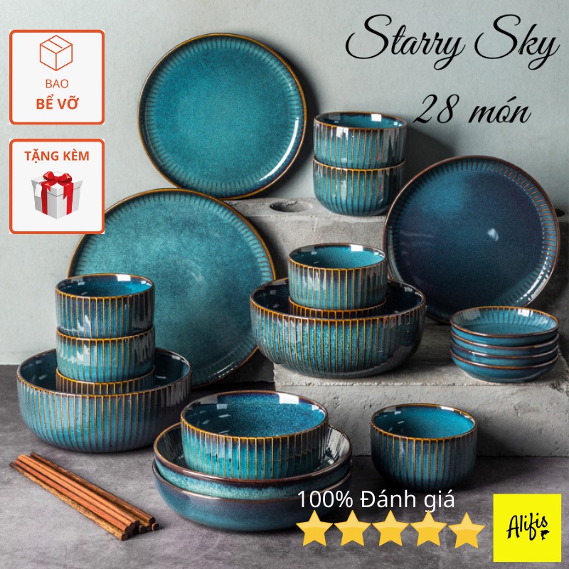 [Ảnh thật] Bộ bát đĩa, bộ bát đĩa sứ 28 món Starry Sky phù hợp gia đình 8 người - men Hỏa Biến cao cấp