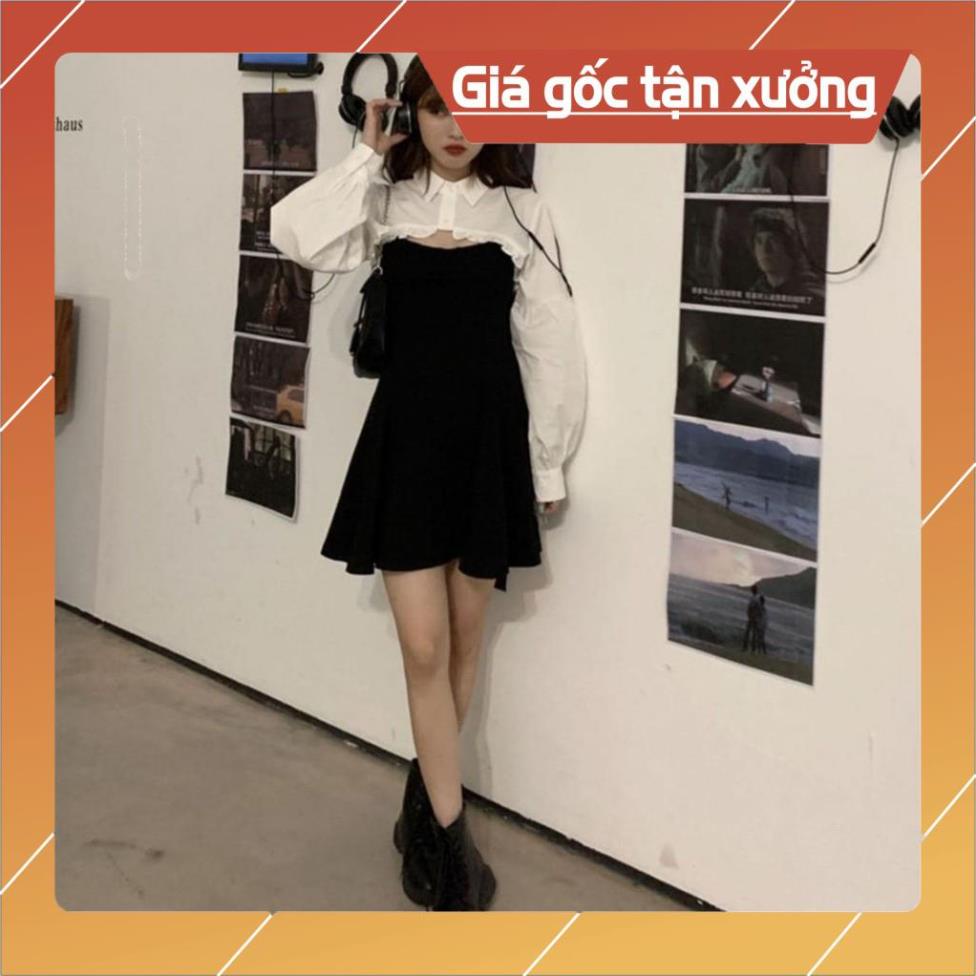 [Hàng Chất Lượng] Set Khoác Sơ Mi Lửng + Váy Xoè 2 Dây (Trắng-Đen) | BigBuy360 - bigbuy360.vn