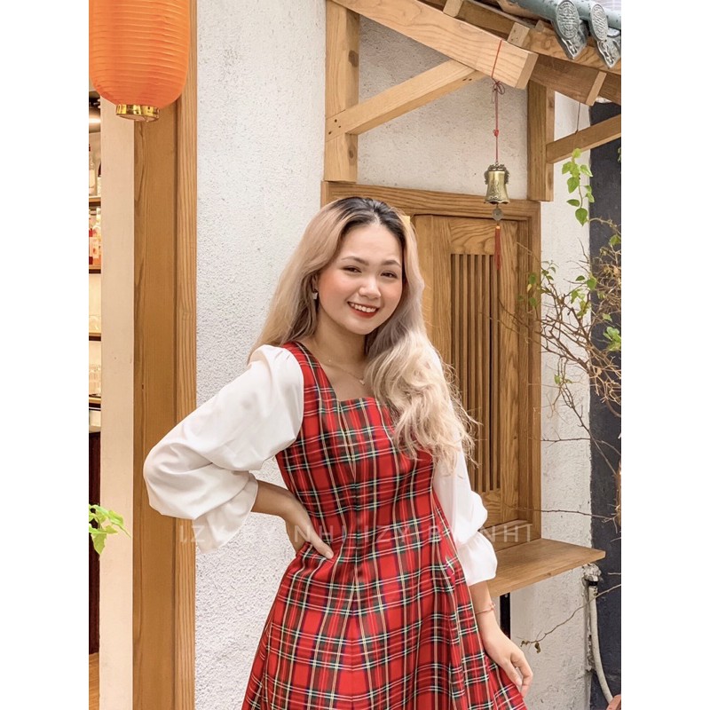 [Mã SKAMA06 giảm 8% tối đa 50K đơn 250K] VÁY ĐẦM KẺ ĐỎ PHỐI TAY TRẮNG BIGSIZE - SWEETIE DRESS - IZYBYNHI