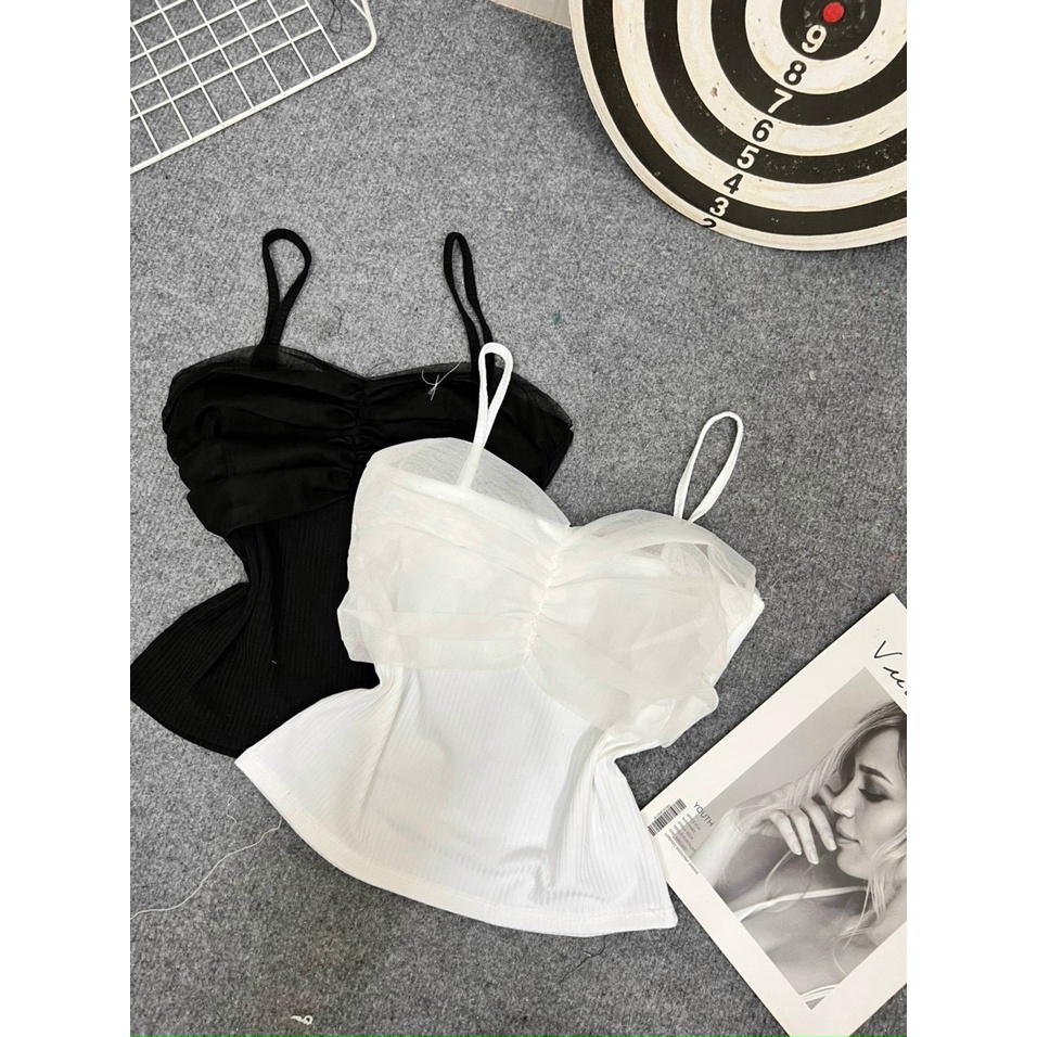 Áo nữ 2 dây thun gân phối voan nhúm ngực hot