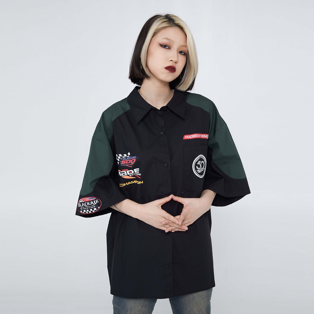 Áo Sơ Mi Tay Ngắn Cổ POLO Dáng Rộng In Họa Tiết Phong Cách Hip hop Hàn Quốc Thời Trang Cho Nam