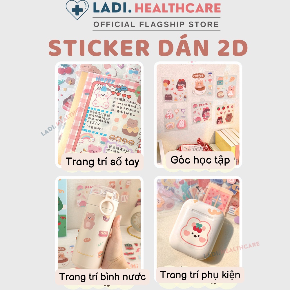 Sticker dán 2D dễ thương trang trí bình nước, điện thoại nhựa PET chống nước