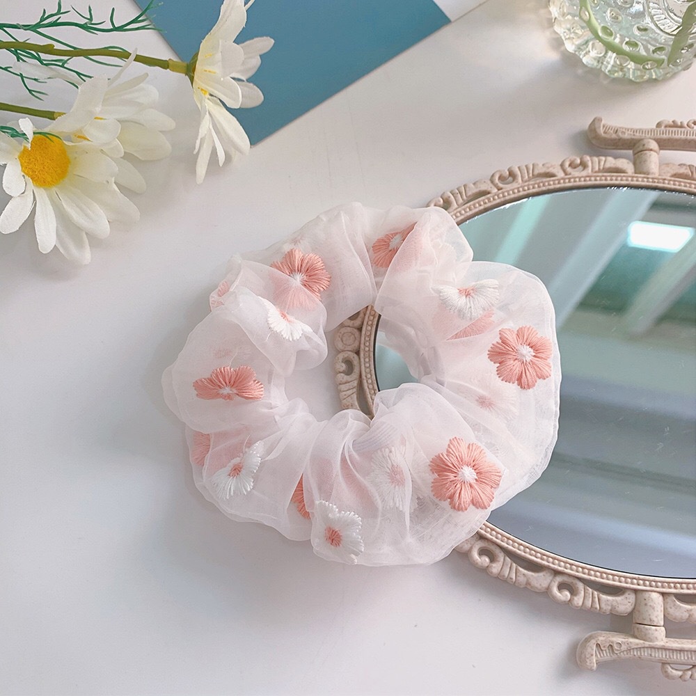 Dây Buộc Tóc Lưới Co Giãn Thêu Họa Tiết Xinh Xắn Cho Nữ Đáng Yêu Hình Hoa