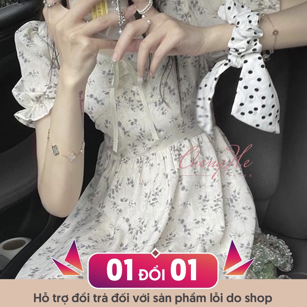 Váy/đầm xòe dáng ngắn họa tiết hoa nhí thắt nơ dễ thương dáng dài Vintage tiểu thư nữ tính V00091