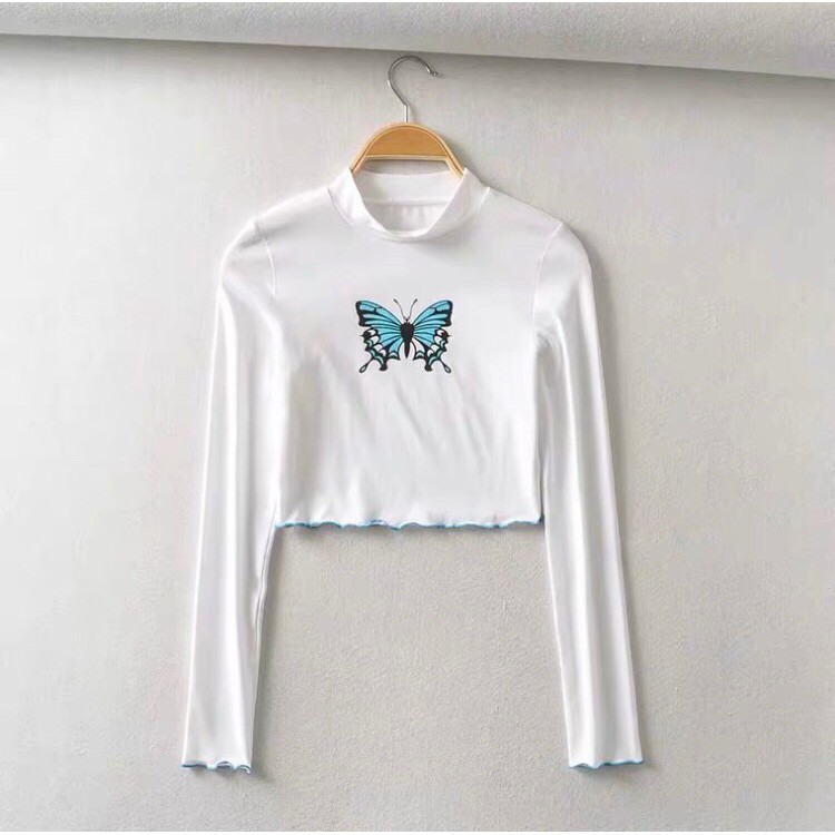 Áo Croptop Bướm Dài Tay Unisex 𝗸𝗵𝗼̂𝗻𝗴 𝘅𝘂̀ 𝗹𝗼̂𝗻𝗴 Thời Trang Hoodie form rộng dành cho nữ cực dễ mix quần jean đi chơi