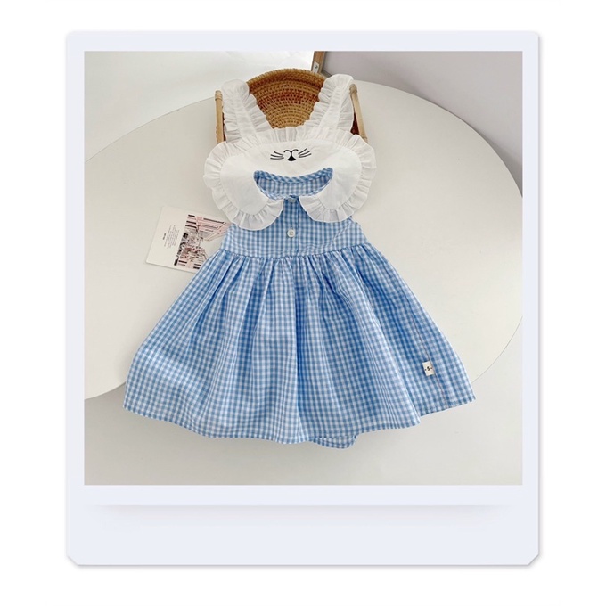 Váy hè sát nách caro tai thỏ chất thô cotton mỏng cho bé gái 0-5 tuổi