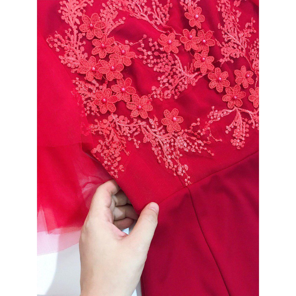 [ xả kho ] MiD Đầm đỏ thiết kế V1163 chất umi nhật đáp ren thêu hoa thủ công