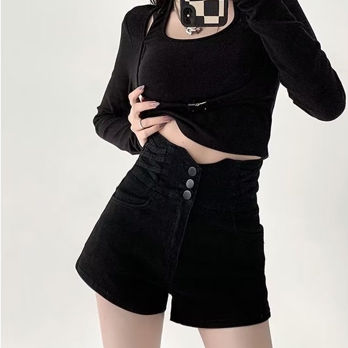Quần Short Denim Lưng Cao Ống Rộng Theo Phong Cách Retro Hàn Quốc
