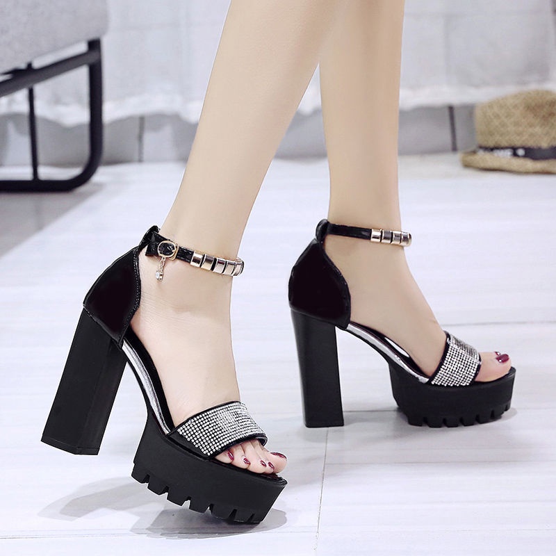 Giày cao gót 12 phân giày cao gót vintage giày cao gót 12cm Giày Sandal Cao Gót Đế Dày Cài Khóa Đính Đá Chống Thấm Nước JJXDXF0706