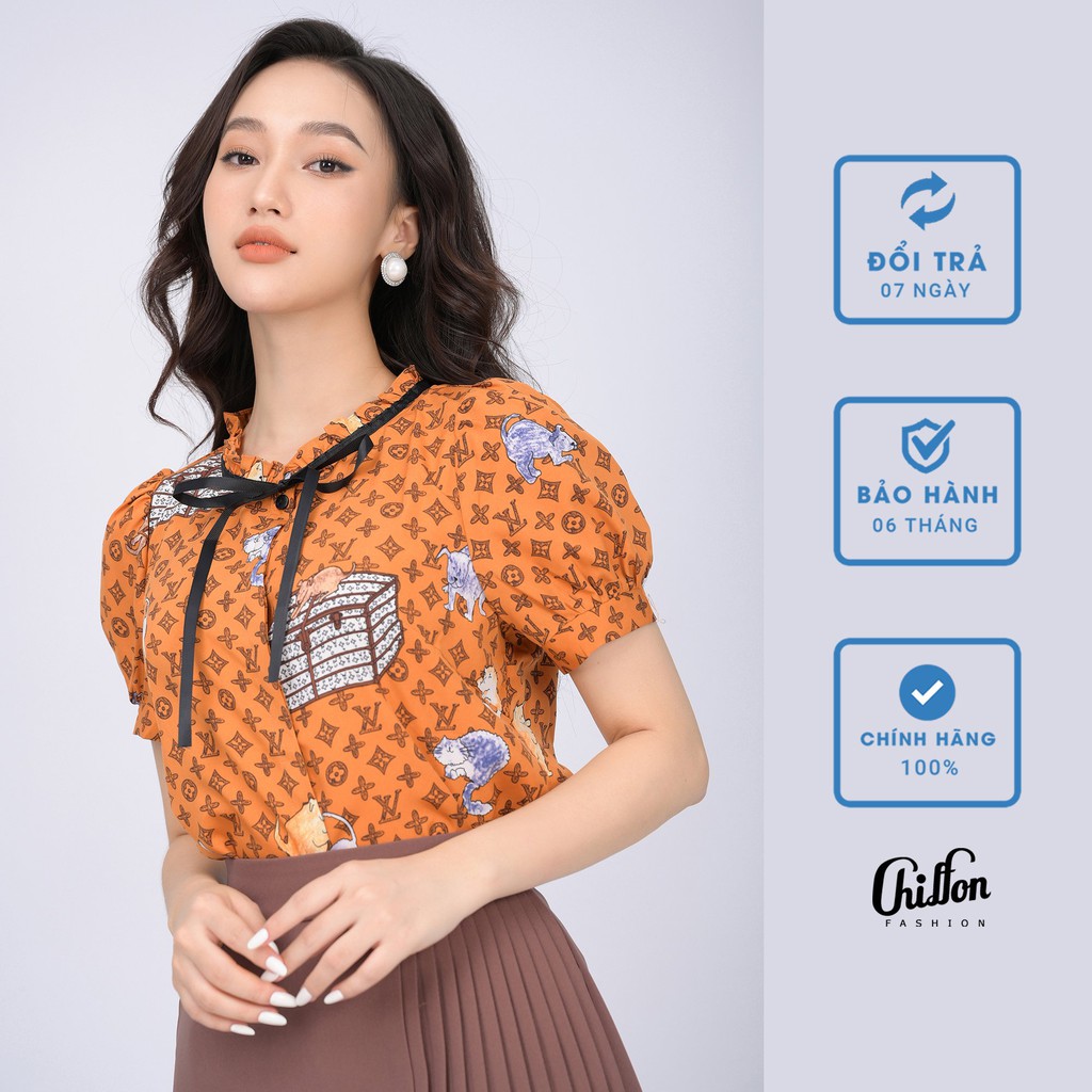 Áo sơ mi nữ họa tiết, cổ phối ruybang cực xinh. Sơ mi nữ cộc tay