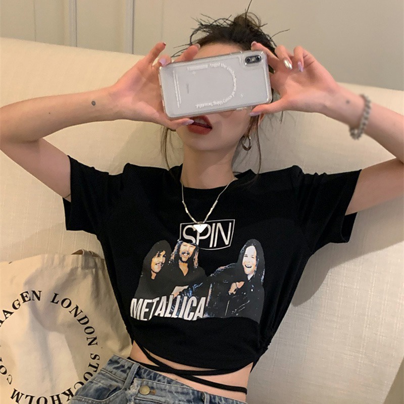 Áo Thun Croptop Cổ Tròn Tay Ngắn Dáng Ôm Cột Dây In Họa Tiết Thời Trang Hàn Quốc Cho Nữ