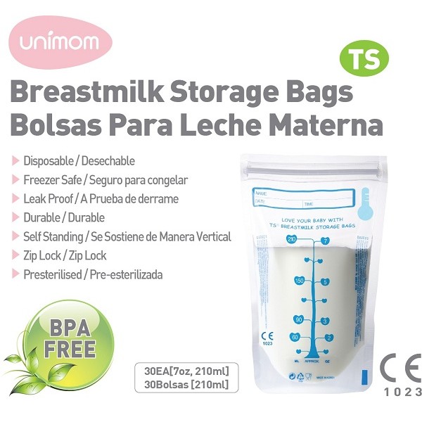 [Mã FMCG8 giảm 8% đơn 500K] Túi trữ sữa mẹ cảm ứng nhiệt Unimom TS không có BPA 210ml (30 túi)