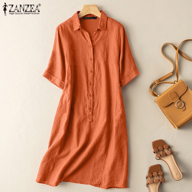 Đầm ZANZEA dài cổ bẻ ngắn tay cài nút trước thời trang vintage cho nữ