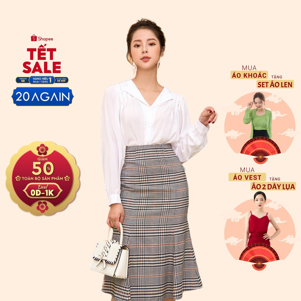 Áo Sơ Mi Cổ Bẻ Basic 20AGAIN voan xanh-trắng nhẹ nhàng nữ tính ASA1762