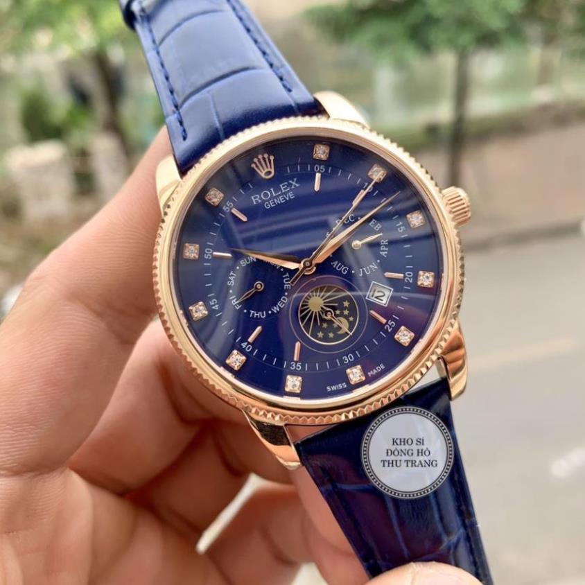 Đồng hồ Nam Rolex máy nhật, mẫu 6kim đính đá, mặt xanh viền vàng, dây da, dòng cơ Automatic size 40mm-41mm
