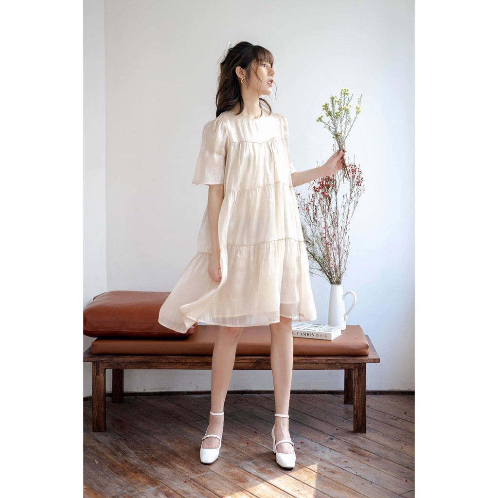 [Đầm bầu đi chơi Tết] Đầm bầu dự tiệc cao cấp organza  FREESHIP  đầm bầu xinh công sở màu be nhạt