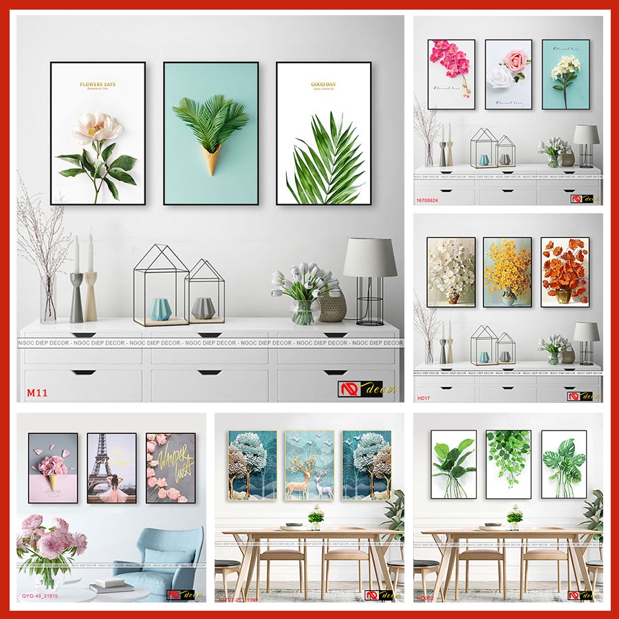 Tranh dán tường 3 bức phong cách hiện đại, tranh in UV không bay màu, kèm băng dính xốp
