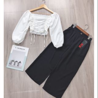 Set ao nhún rút quần ống rộng ảnh thật