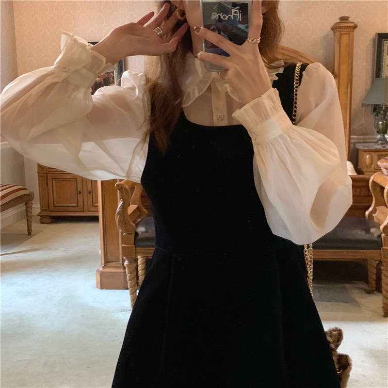 SUXI Set áo sơ mi tay dài màu trơn phối chân váy chữ A phong cách Hàn Quốc mới