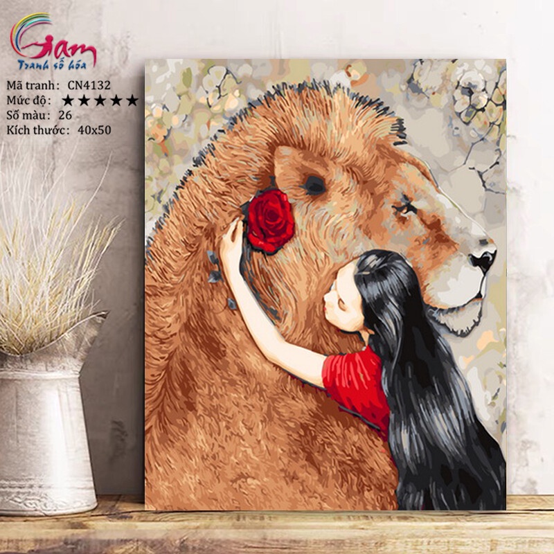 Tranh tự tô màu số hóa Gam nghệ thuật Cô gái hoa hồng và sư tử CN4132