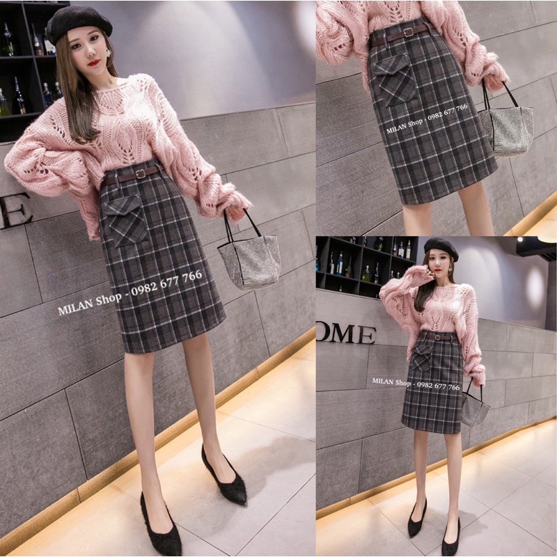 Chân váy dạ dài kẻ kèm đai túi hộp nhiều màu trẻ | BigBuy360 - bigbuy360.vn