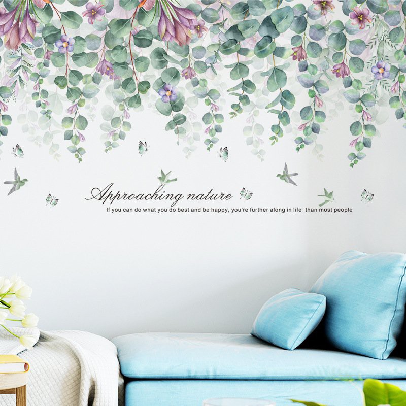 Decal dán tường tán lá xanh hoa tím mẫu hàn quốc trang trí phòng ngủ phòng khách