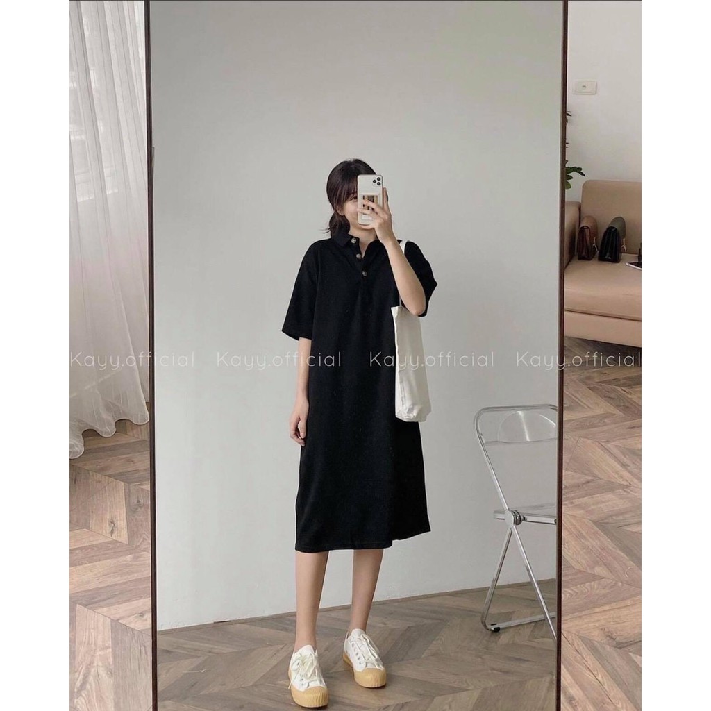 Đầm Midi Polo Dáng Dài Màu Đen Cúc Đồng Vintage - Rere.Store [FREESHIP] - Váy suông trơn tay lỡ cổ bẻ style basic