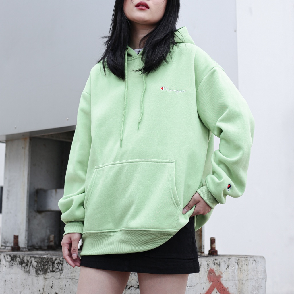 Áo Hoodie Màu Xanh Mint Thêu Logo Champion Sắc Nét Phía Trước Chất Liệu Nỉ Bông Cotton-Form Rộng Rãi Unisex Nam Nữ