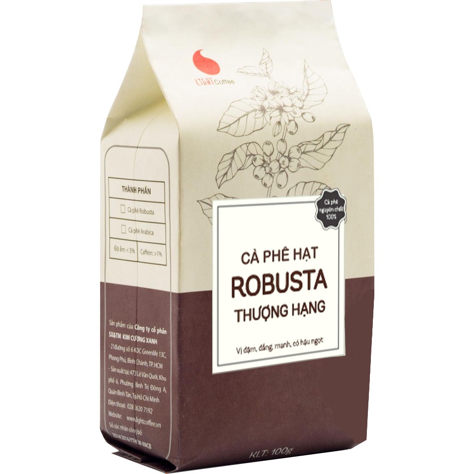 Cà phê nguyên chất 100% Robusta thượng hạng - Khẩu vị đậm đắng thanh - mạnh đặc trưng - Light Coffee - Gói 100g