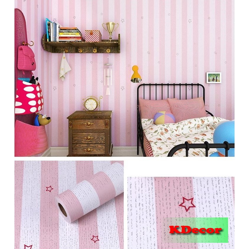 [Hàng Đẹp] Giấy dán tường sọc sao hồng dài 10m, rộng 45cm có sẵn keo
