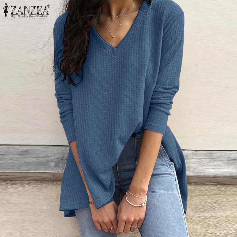 Áo kiểu ZANZEA dáng rộng cổ V dài tay thời trang vintage Châu Âu nữ tính