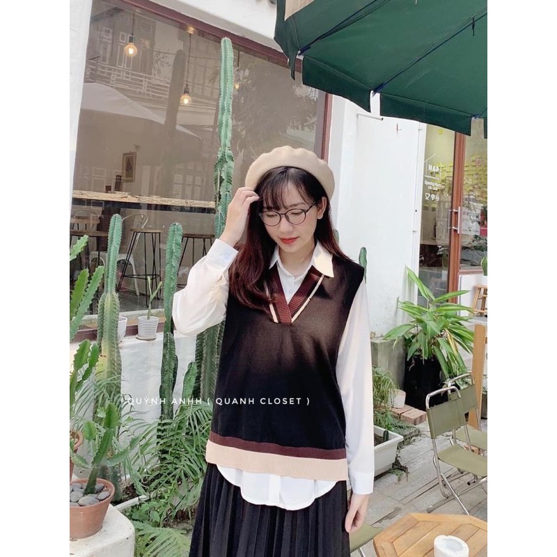 [Ảnh thật/Sẵn]Áo gile len viền xẻ vạt phong cách Ulzzang | BigBuy360 - bigbuy360.vn